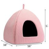 Hollypet Self-Warming Cat Bed, 2 in 1 Cat Tent Cave for Kittens and Small Dogs, 16 x 16 x 17 inches Triangle Feline House Hut with Washable Cushion for Indoor Outdoor, Pink