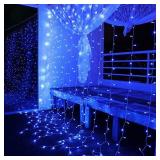 Blue Curtain Lights - 10Ft 300 Christmas Decoration Lights - 8 Modes Steady/Flickering Lights - Spooky Christmas Lights for Dress up Your Home, Mantel, Porch, Garden or Yard, Outside Entryway