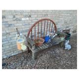 Garden Bench (sturdy), Sheppherds Hook, Flowerpots, Concrete Rabbit (Ears have been mended), Birdhouse, and Watering Can