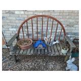 Garden Bench (sturdy), Sheppherds Hook, Flowerpots, Concrete Rabbit (Ears have been mended), Birdhouse, and Watering Can