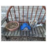 Garden Bench (sturdy), Sheppherds Hook, Flowerpots, Concrete Rabbit (Ears have been mended), Birdhouse, and Watering Can