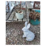 Garden Bench (sturdy), Sheppherds Hook, Flowerpots, Concrete Rabbit (Ears have been mended), Birdhouse, and Watering Can