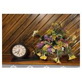 Metal Bicycle Clock and Wire Basket with Faux Flowers