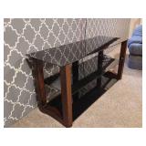 Entertainment Stand with 3 Glass Shelves and Wooden Ends 18x50x24