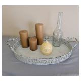 Serving Tray (metal and wood) 23 x 13, 3 Candles, Honeypot, and Decor Wine Bottle