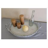 Serving Tray (metal and wood) 23 x 13, 3 Candles, Honeypot, and Decor Wine Bottle