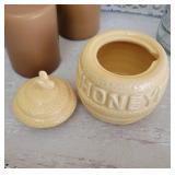 Serving Tray (metal and wood) 23 x 13, 3 Candles, Honeypot, and Decor Wine Bottle