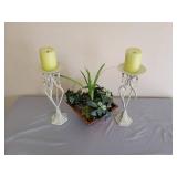 2 - 13" Candles and Holders and Faux Plant in Metal Box 8 x 8