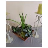 2 - 13" Candles and Holders and Faux Plant in Metal Box 8 x 8