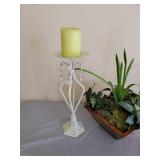2 - 13" Candles and Holders and Faux Plant in Metal Box 8 x 8