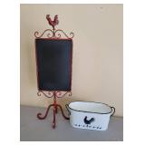 Rooster Chalkboard 7 x 21 and White Enamel Rooster Pan 10 x 5