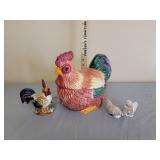 Ceramic Rooster Cookie Jar, Saltshaker, and Fighting Roosters Decor