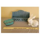 Ceramic Rabbit, Candle in Dish, and Wooden Shelf