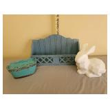 Ceramic Rabbit, Candle in Dish, and Wooden Shelf