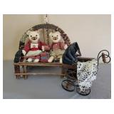 Teddy Bears on Wooden Bench (Cross-Stitched) and Vintage Buggy