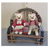 Teddy Bears on Wooden Bench (Cross-Stitched) and Vintage Buggy