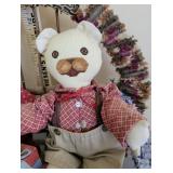 Teddy Bears on Wooden Bench (Cross-Stitched) and Vintage Buggy