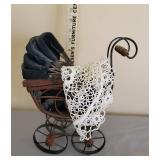 Teddy Bears on Wooden Bench (Cross-Stitched) and Vintage Buggy