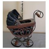 Teddy Bears on Wooden Bench (Cross-Stitched) and Vintage Buggy