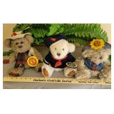 3 Brass Button Teddy Bears: Tanner the Bear of Health, Taylor the bear of happiness, and Blossom the bear of wealth. All Have Movable Joints