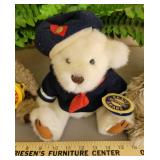 3 Brass Button Teddy Bears: Tanner the Bear of Health, Taylor the bear of happiness, and Blossom the bear of wealth. All Have Movable Joints