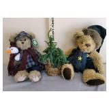2 Winter Teddy Bears and Evergreen Tree