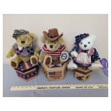 3 Brass Button Teddy Bears and Stackable Boxes: Sherwood the bear of long life, Cody the bear of friendship, and Opal the bear of love