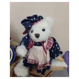 3 Brass Button Teddy Bears and Stackable Boxes: Sherwood the bear of long life, Cody the bear of friendship, and Opal the bear of love