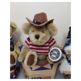 3 Brass Button Teddy Bears and Stackable Boxes: Sherwood the bear of long life, Cody the bear of friendship, and Opal the bear of love