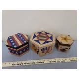 3 Brass Button Teddy Bears and Stackable Boxes: Sherwood the bear of long life, Cody the bear of friendship, and Opal the bear of love