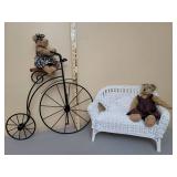 2 Teddy Bears on Wicker Bench and 21" tall Metal Bicycle Wall Hanging