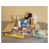 Wound Care Supplies, Muscle Pain Medications, Thermometer, and Basket