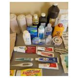 Wound Care Supplies, Muscle Pain Medications, Thermometer, and Basket