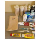 Wound Care Supplies, Muscle Pain Medications, Thermometer, and Basket