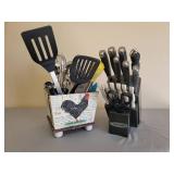 Rooster Utensil Holder with Utensils and Farberware Knife Set