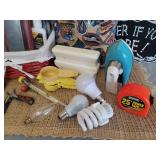 Home Decor and Household Supplies (light bulbs, flashlight, tape measure, pillows, 6" sharpening stone NIB, and stone oil