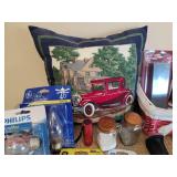 Home Decor and Household Supplies (light bulbs, flashlight, tape measure, pillows, 6" sharpening stone NIB, and stone oil