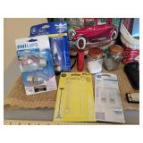 Home Decor and Household Supplies (light bulbs, flashlight, tape measure, pillows, 6" sharpening stone NIB, and stone oil