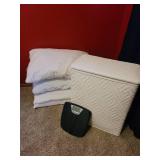 Laundry Hamper, Bathroom Scales, and 4 Pillows