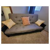 VERY NICE FUTON with 8" Cushion/Mattress. Has Magazine Rack on both Ends, Converts to a Full-Size Sleigh Bed, and 3 Throw Pillows