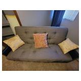 VERY NICE FUTON with 8" Cushion/Mattress. Has Magazine Rack on both Ends, Converts to a Full-Size Sleigh Bed, and 3 Throw Pillows