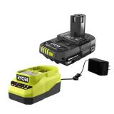 RYOBI ONE+ 18V Lithium-Ion 2.0 Ah Compact Battery and Charger Starter Kit, Model: PSK005