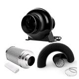 iPower 4 Inch 195 CFM Inline Fan Circulation Vent Blower, Air Carbon Filter and 8 Feet Flexible Ducting for Grow Tent Ventilation, Exhaust, 4" Fan & Filter, HVAC Heating Cooling