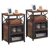 VECELO Modern Nightstand, End Table with flip Drawer and X-Design Side for Bedroom Living Room Office, Easy Assembly,Set of 2,Retro Brown