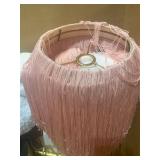 GOLD FLOOR LAMP WITH PINK FRINGE LAMP SHADE