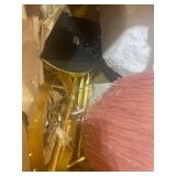 GOLD FLOOR LAMP WITH PINK FRINGE LAMP SHADE