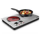 CUSIMAX 1800W Ceramic Electric Hot Plate for Cooking, Dual Control Infrared Cooktop, Portable Countertop Burner, Glass Plate Electric Cooktop, Silver, Stainless Steel-Upgraded Version