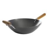 Kenmore Hammond 14" Flat Bottom Carbon Steel Wok with Wooden Handles