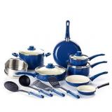 GreenLife CC002378-001 Soft Grip 16 Piece Ceramic Non-Stick Cookware Set, Blue