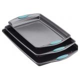 Rachael Ray Bakeware Nonstick Cookie Pan Set, 3-Piece, Gray with Agave Blue Grips